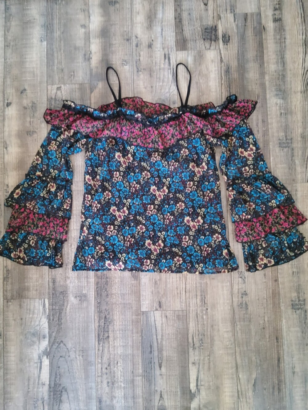 River Island Floral Off The Shoulder Flare Sleeve Blouse